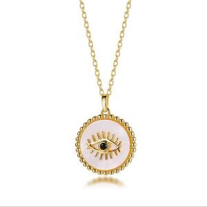 New Sterling silver 14k plated cubic zirconia white enamel evil eye 18”necklace